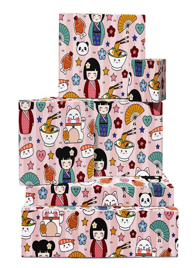 CENTRAL 23 Girls Wrapping Paper Birthday - 6 Sheets of Pink Gift Wrap - Cute Japanese Character - For Women Friends Her - Sushi Ramen - Comes with Fun Stickers - Image 1